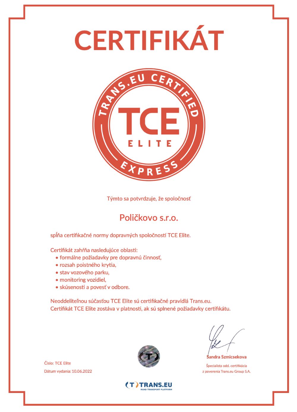 TCE ELITE certifikát